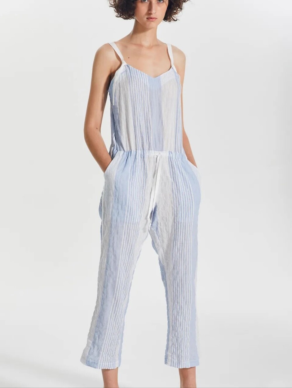 LemLem Dera Light Blue White Striped Jumpsuit Women's Size Medium